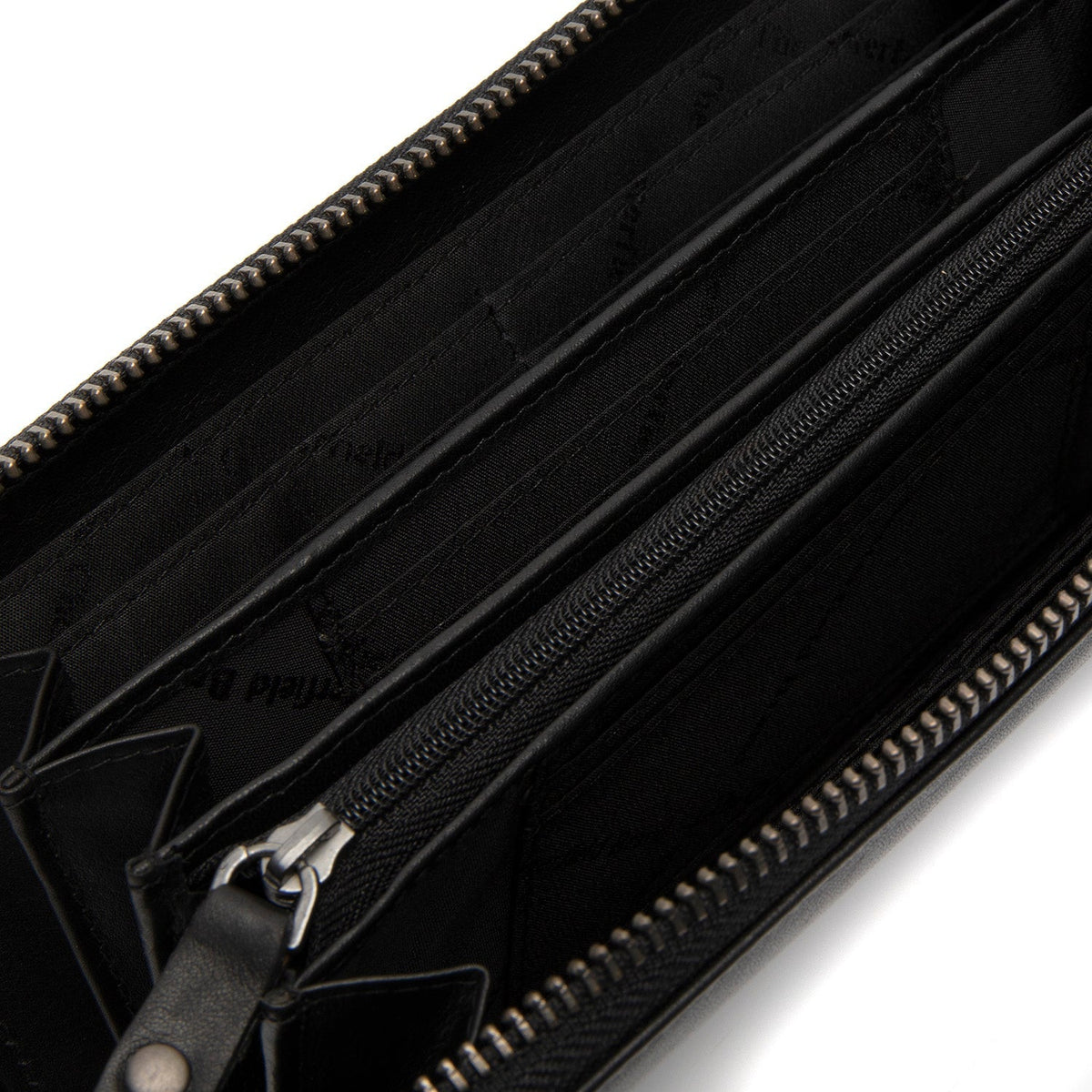 Solid Antique Brass Hardware &amp; Heavy-Duty Dual Zipper Detail on Cantara Full-Grain Ledergeldbörse für Damen