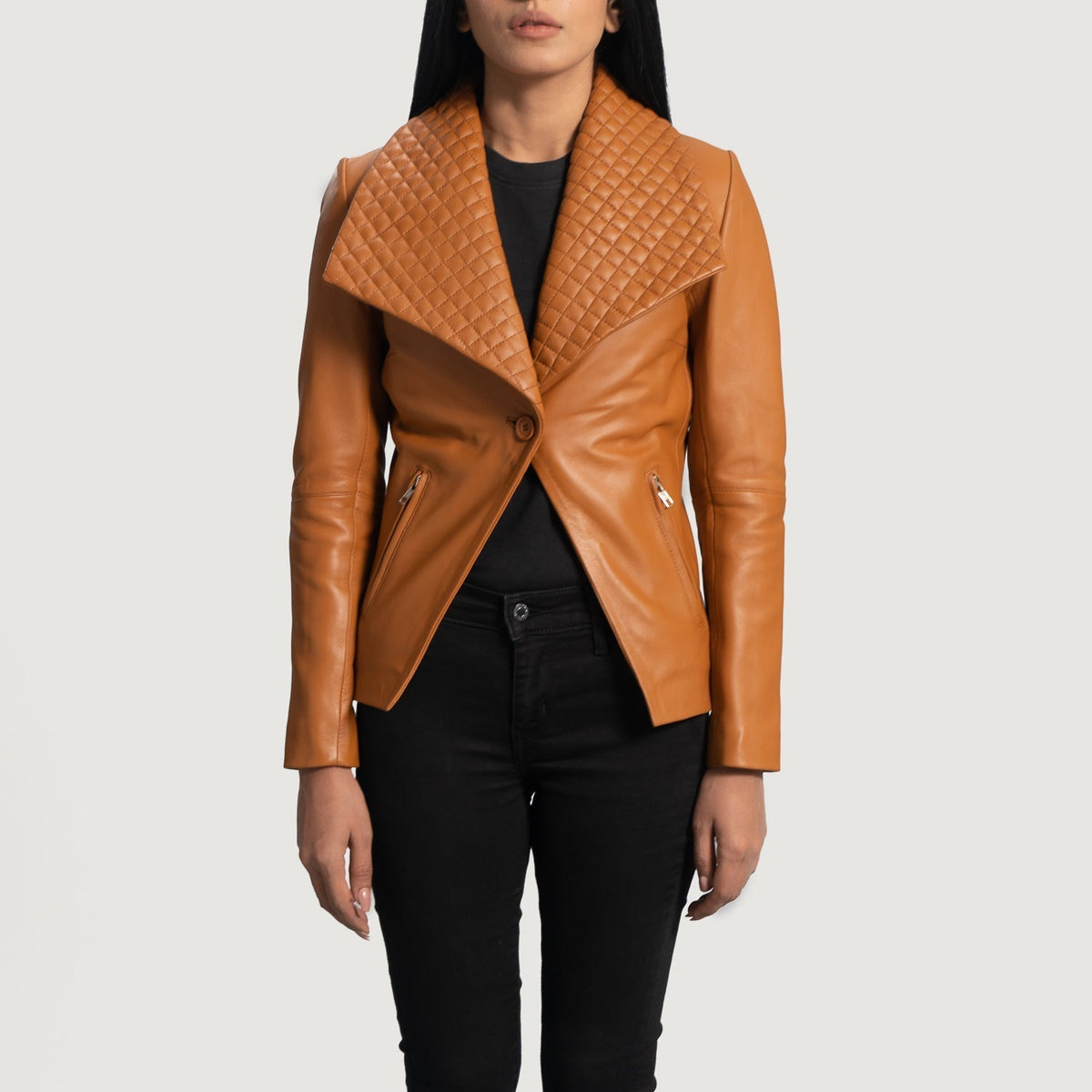 Women's Lee Hellbraun Braun Lederblazer für Damen in Tan Brown Sheepskin Leather - Vorderansicht &amp; maßgeschneiderte Silhouette | Online Kaufen