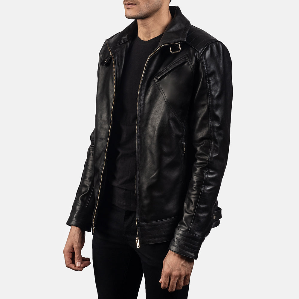 
Black Cowhide Leather Biker Jacket - Rückansicht mit passgenauen Schultern & sauberem Saum