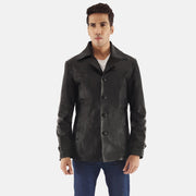 Leo Schwarz Ledermantel für Herren in Black Cowhide Leather - Vorderansicht &amp; maßgeschneiderte Silhouette | Online Kaufen