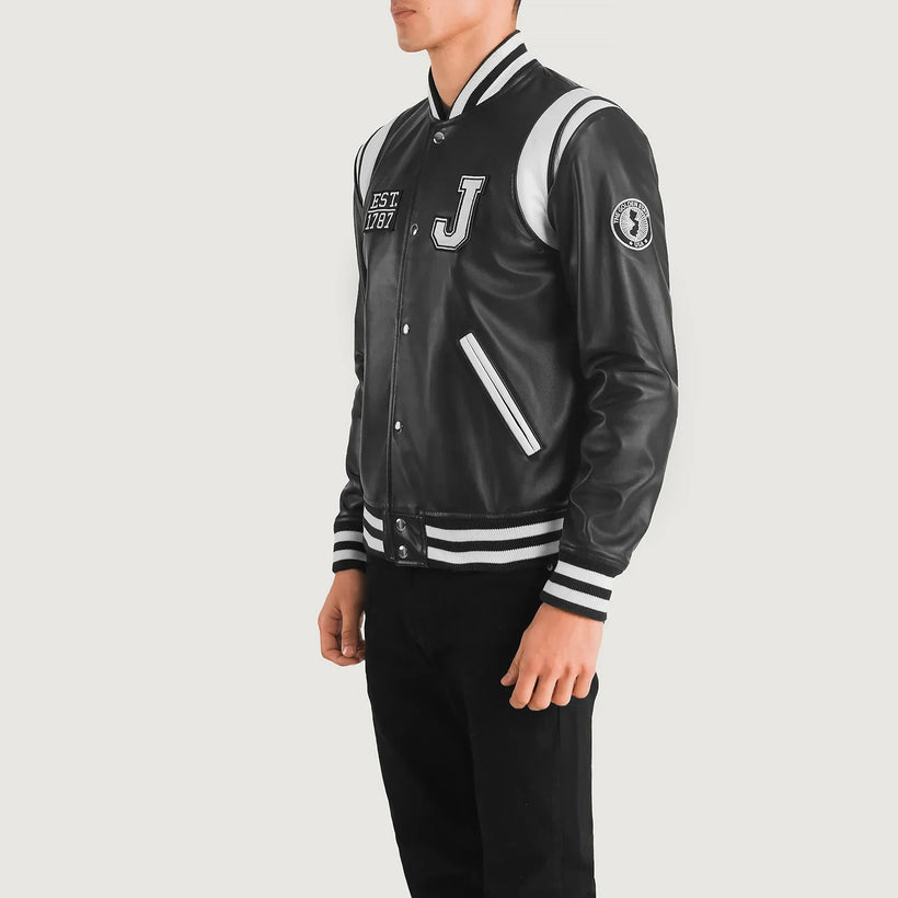 Liberte New Jersey Schwarz Leather Varsity Lederjacke für Herren