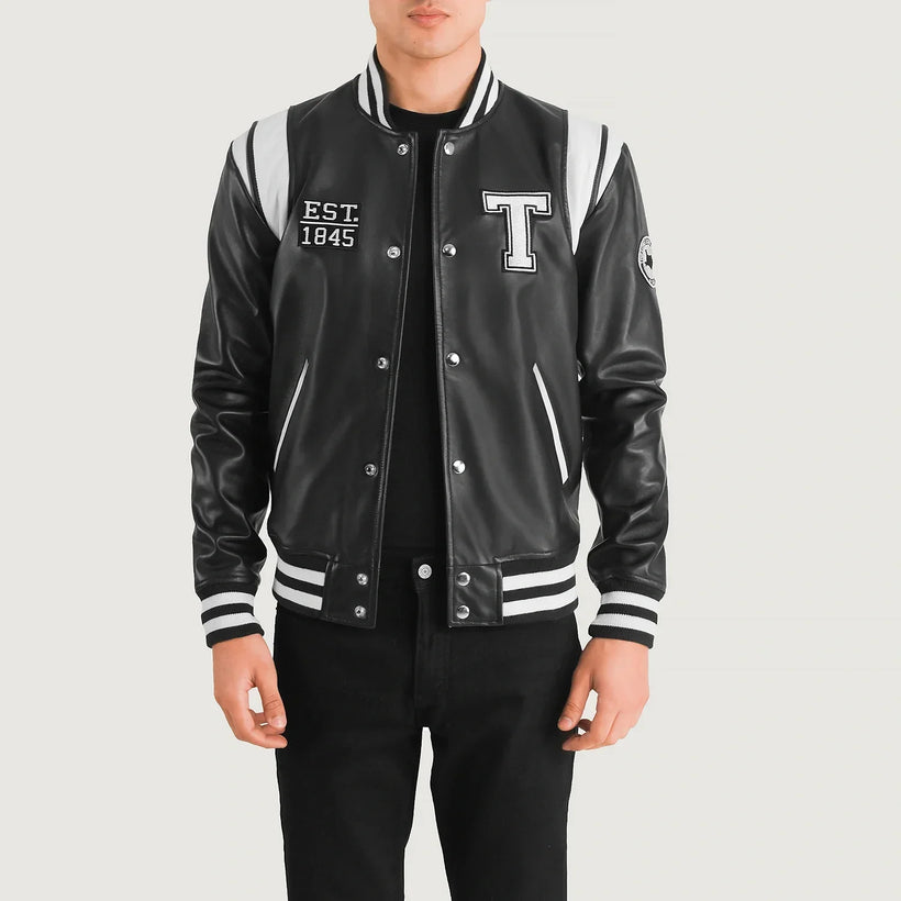 Liberte Texas Schwarz Leather Varsity Lederjacke für Herren