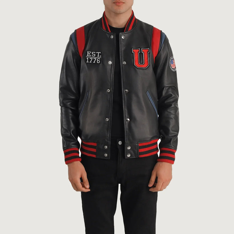 Liberte Usa Schwarz Leather Varsity Lederjacke für Herren