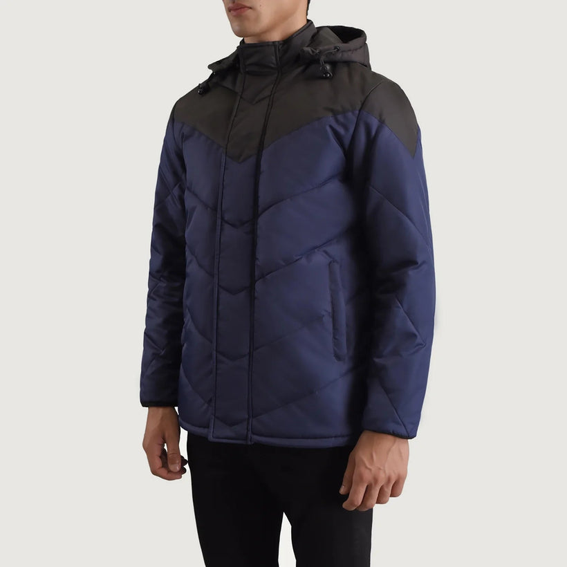 Luka Schwarz & Blau Hooded Puffer Lederjacke für Herren