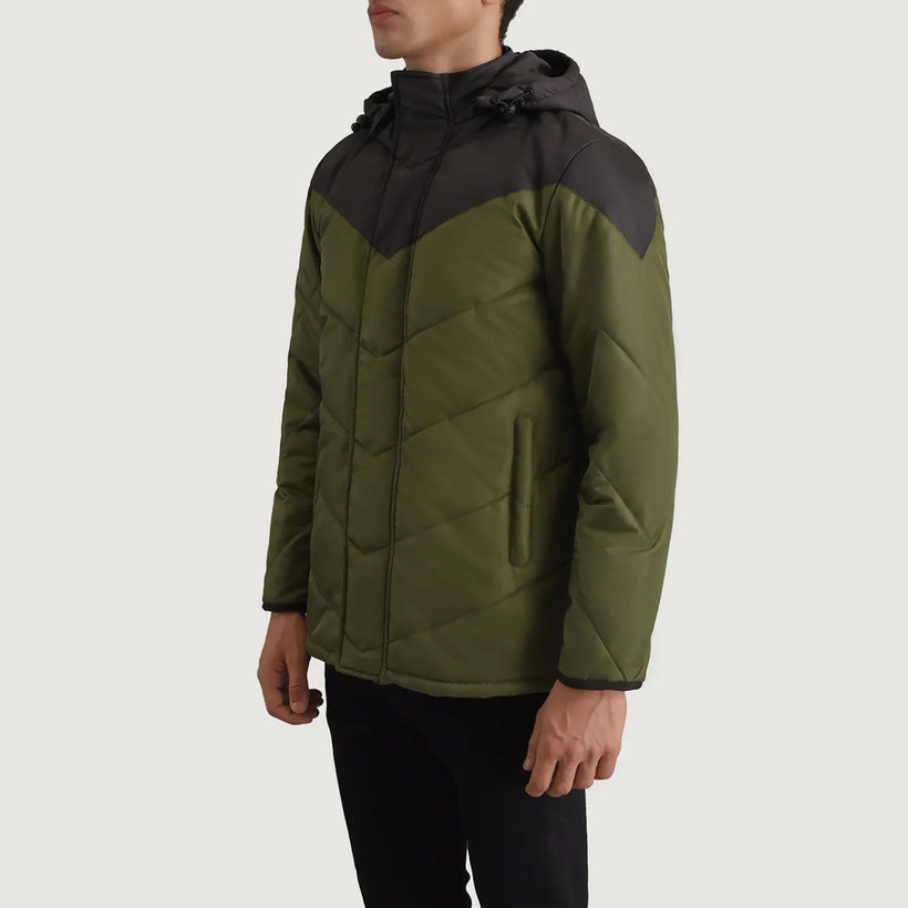 Luka Schwarz & Grün Hooded Puffer Lederjacke für Herren