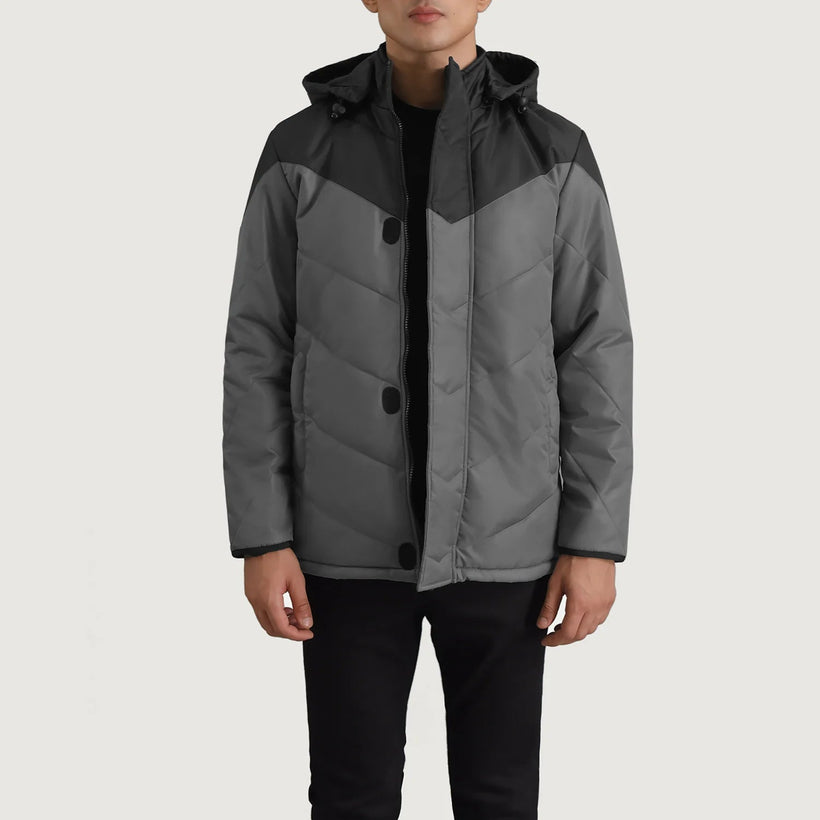 Luka Schwarz & Grau Hooded Puffer Lederjacke für Herren