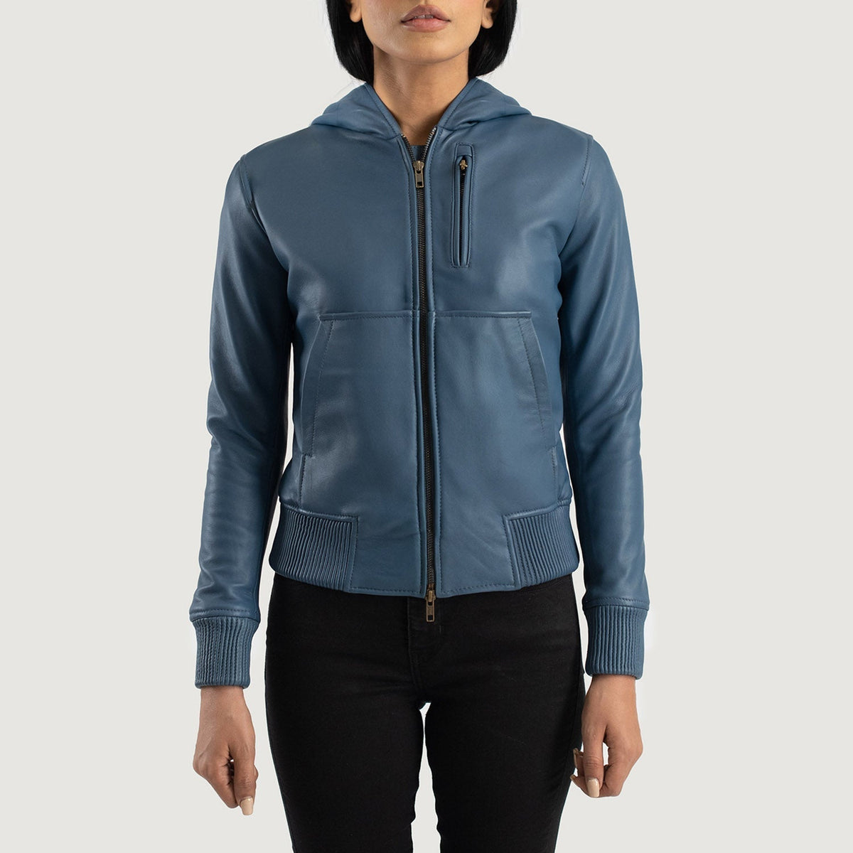 Detailansicht of Hooded &amp; Zipper Hardware on Women's Luna Blue Hooded Leather Bomber Jacket