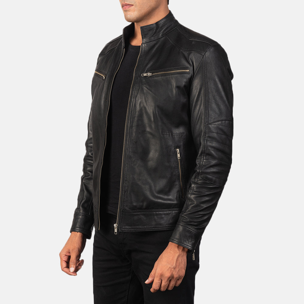 Black Goatskin Leather Biker Jacket - Rückansicht mit passgenauen Schultern &amp; sauberem Saum