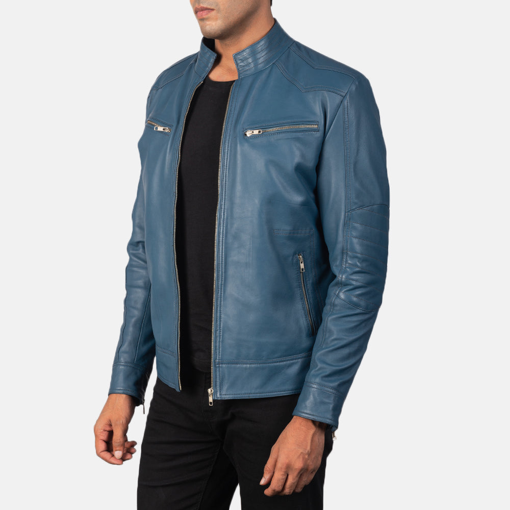 
Blue Sheepskin Leather Biker Jacket - Rückansicht mit passgenauen Schultern & sauberem Saum