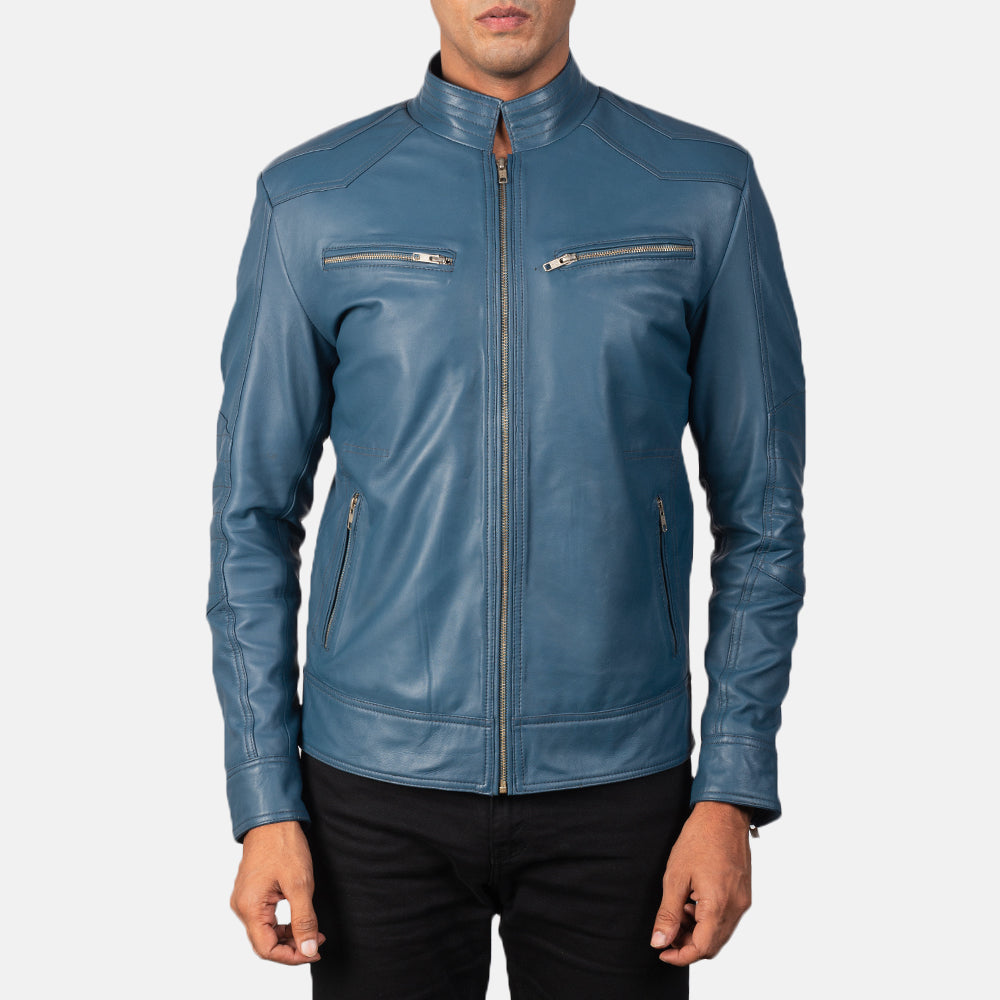 
Detailansicht of Band & Zipper Hardware on Mack Blau Leder-Bikerjacke für Herren