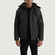 
Malcolm Schwarz Hooded Puffer Lederjacke für Herren in schwarzem Rindleder - Vorderansicht & maßgeschneiderte Silhouette | Online Kaufen
