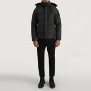 
Malcolm Schwarz Hooded Puffer Lederjacke für Herren - Seitenansicht mit ergonomischem Ärmelschnitt & sportlicher Passform