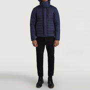 
Malcolm Blau Hooded Puffer Lederjacke für Herren - Seitenansicht mit ergonomischem Ärmelschnitt & sportlicher Passform
