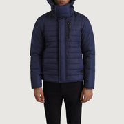 
Detailansicht of Classic Collar & Zipper With Placket Hardware on Malcolm Blau Hooded Puffer Lederjacke für Herren
