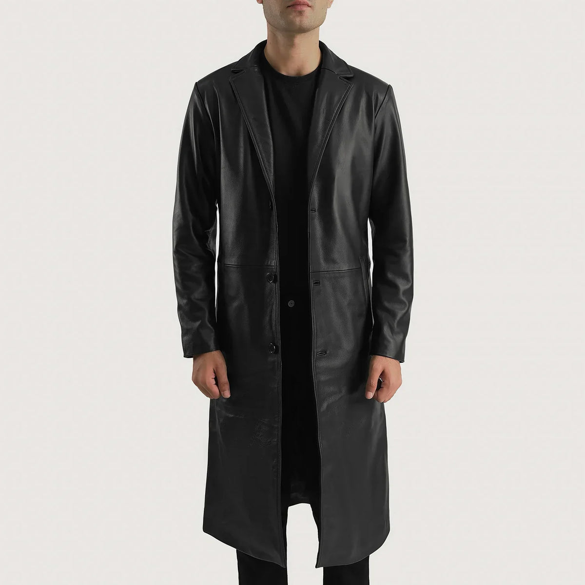 
Mateo Black Leather Single Breasted Coat in Black Cowhide Leather - Vorderansicht & maßgeschneiderte Silhouette | Online Kaufen