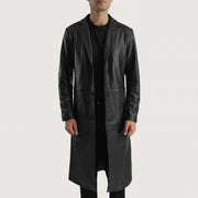 
Mateo Black Leather Single Breasted Coat in Black Cowhide Leather - Vorderansicht & maßgeschneiderte Silhouette | Online Kaufen