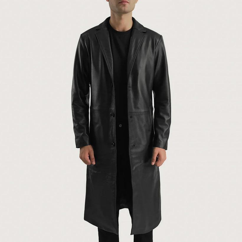 Mateo Black Leather Single Breasted Coat in Black Cowhide Leather - Front Profile View & Tailored Silhouette | Buy Online