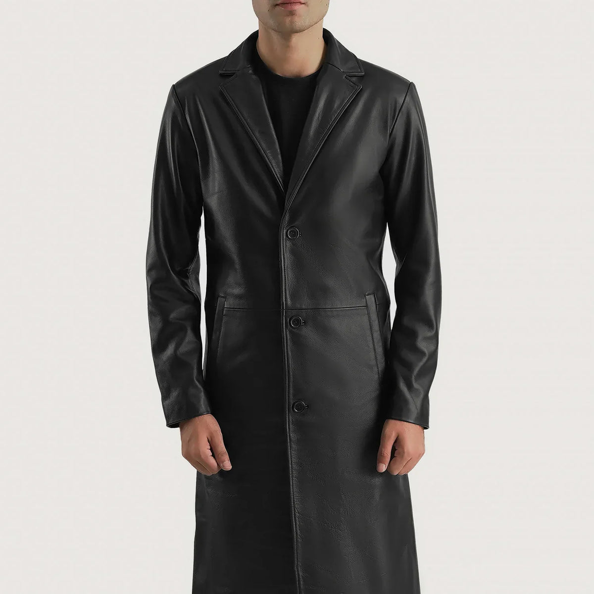 
Detailansicht of Notch & Button Hardware on Mateo Black Leather Single Breasted Coat