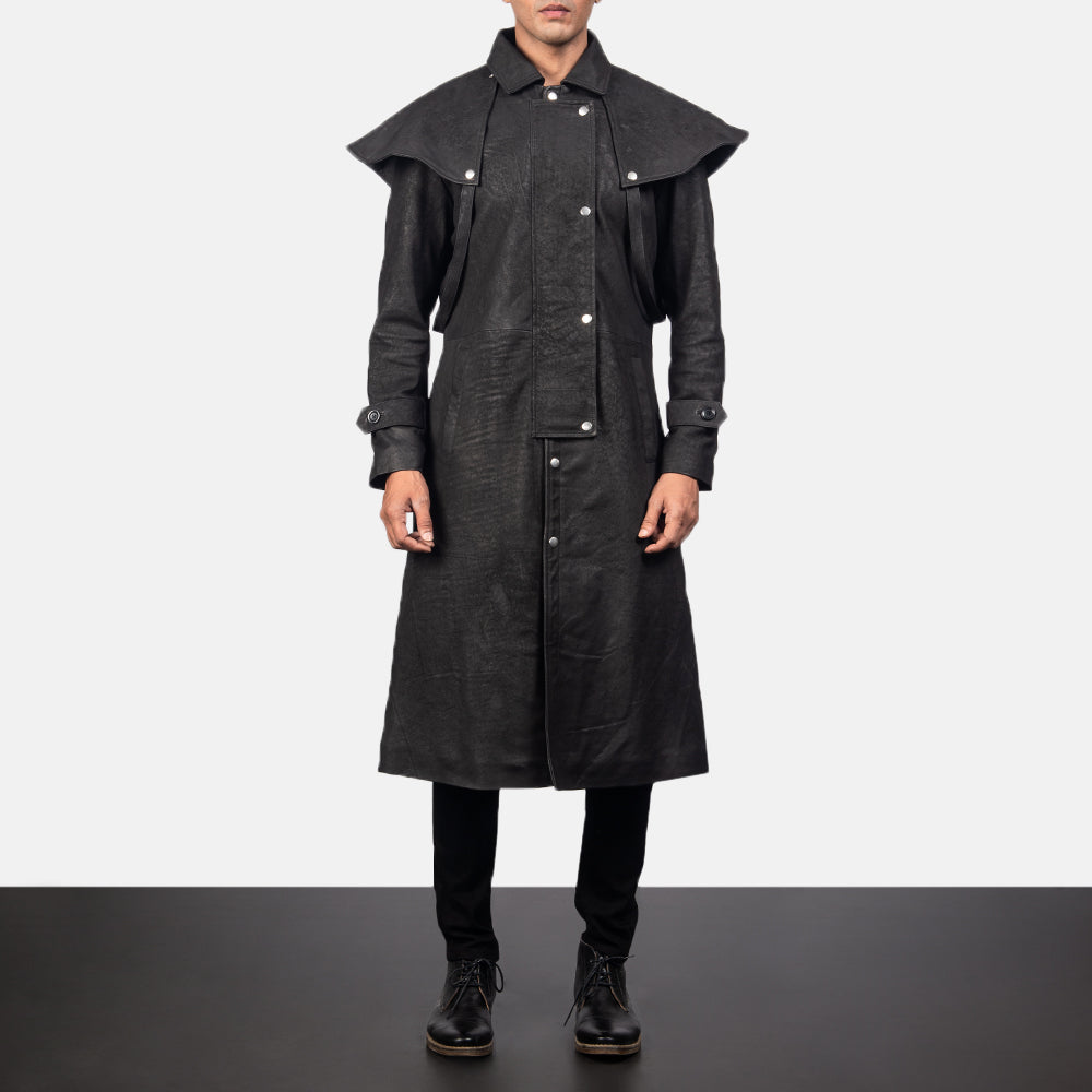 
Maverick Schwarz Leather Duster für Herren in Distressed Black Sheepskin Snuffed - Vorderansicht & maßgeschneiderte Silhouette | Online Kaufen