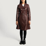 
Maroon Sheepskin Leather Trench Coat - Rückansicht mit passgenauen Schultern & sauberem Saum