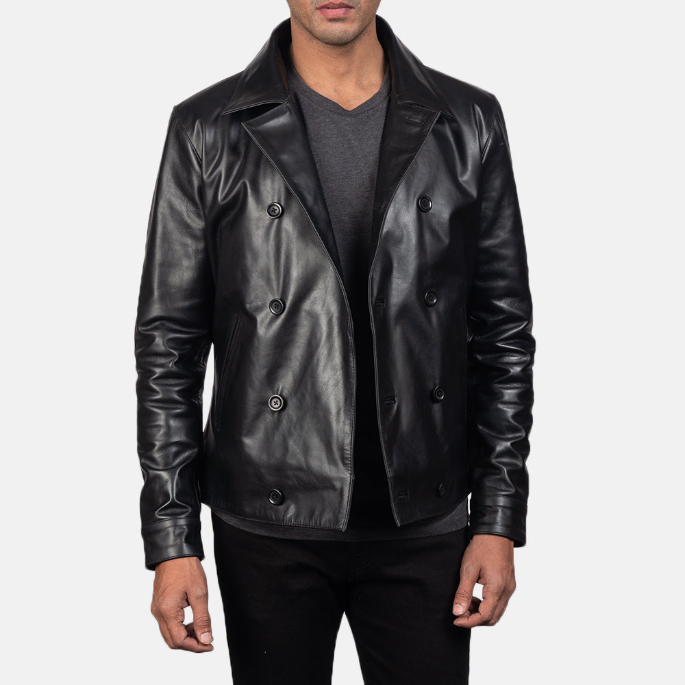 Detailansicht of Notch &amp; Buttons Hardware on Mod Schwarz Leather Peacoat für Herren
