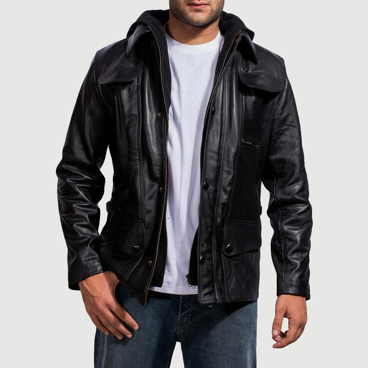 
Moulder Hooded Schwarz Lederjacke für Herren in Black Cowhide Leather - Vorderansicht & maßgeschneiderte Silhouette | Online Kaufen