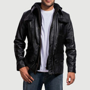 
Moulder Hooded Schwarz Lederjacke für Herren in Black Cowhide Leather - Vorderansicht & maßgeschneiderte Silhouette | Online Kaufen