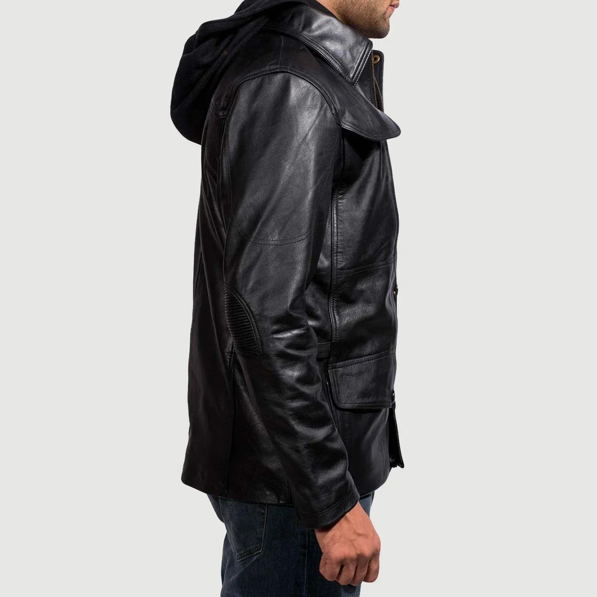 
Detailansicht of Shirt & Zipper with Button Flap Hardware on Moulder Hooded Schwarz Lederjacke für Herren