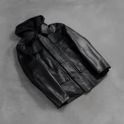 
Handwerkliche Saumverarbeitung an Moulder Hooded Schwarz Lederjacke für Herren