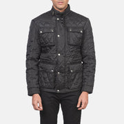 Detailansicht of Belted Band &amp; Zipper with Front Button Flap Hardware on Men's Nelson Gesteppt Schwarz Windbreaker Lederjacke für Herren
