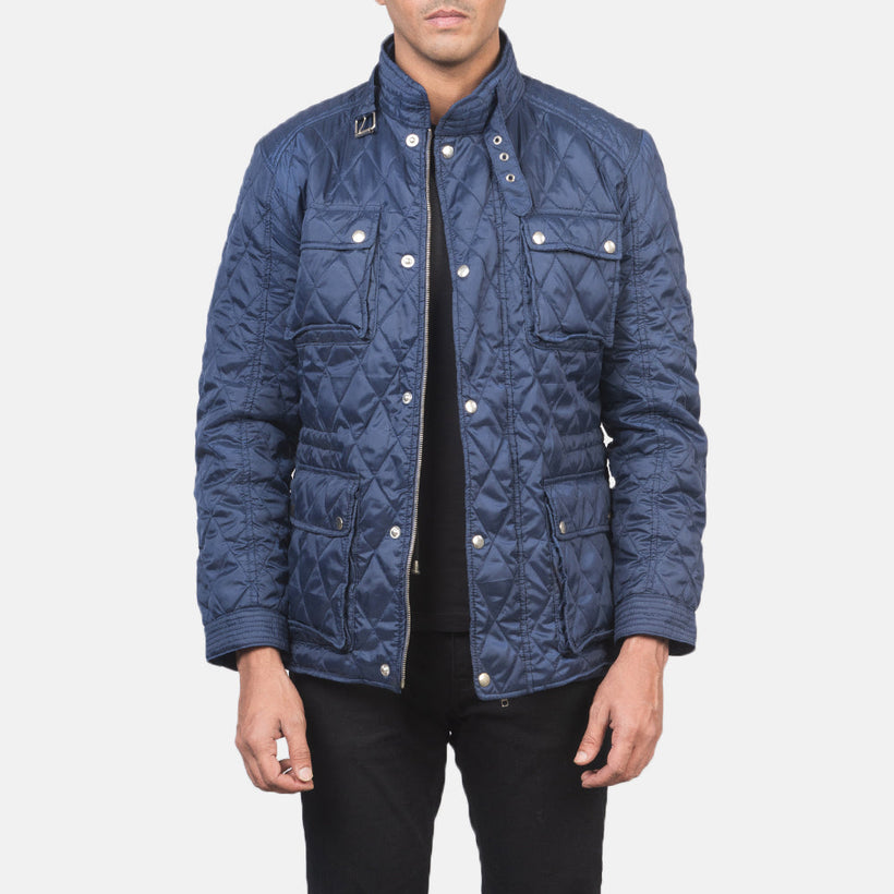 Men's Nelson Quilted Blue Windbreaker Jacket in Blue Nylon - Front Profile View & Tailored Silhouette | Buy Online
