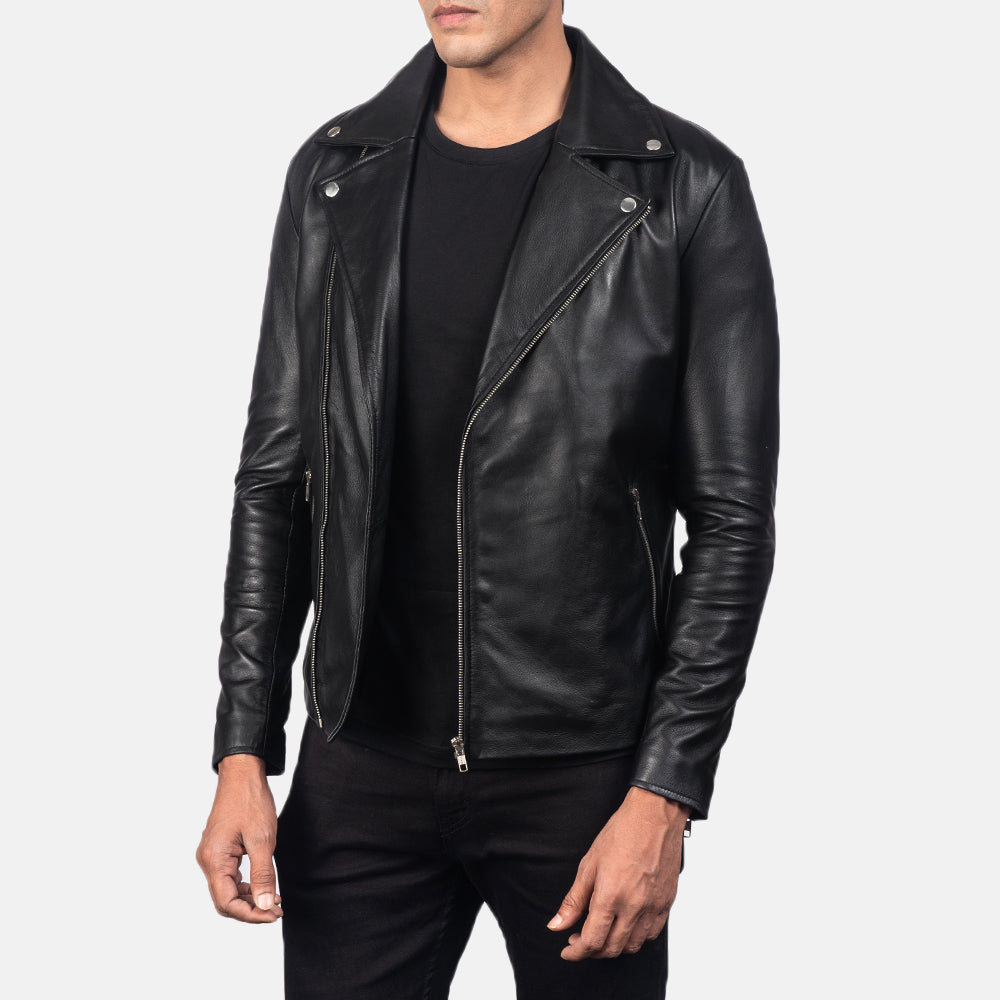 Black Sheepskin Leather Biker Jacket - Rückansicht mit passgenauen Schultern &amp; sauberem Saum