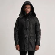 Detailansicht of Band collar &amp; Zipper with Toggle button Hardware on Nolan Black Snuffed Leather Duffle Coat