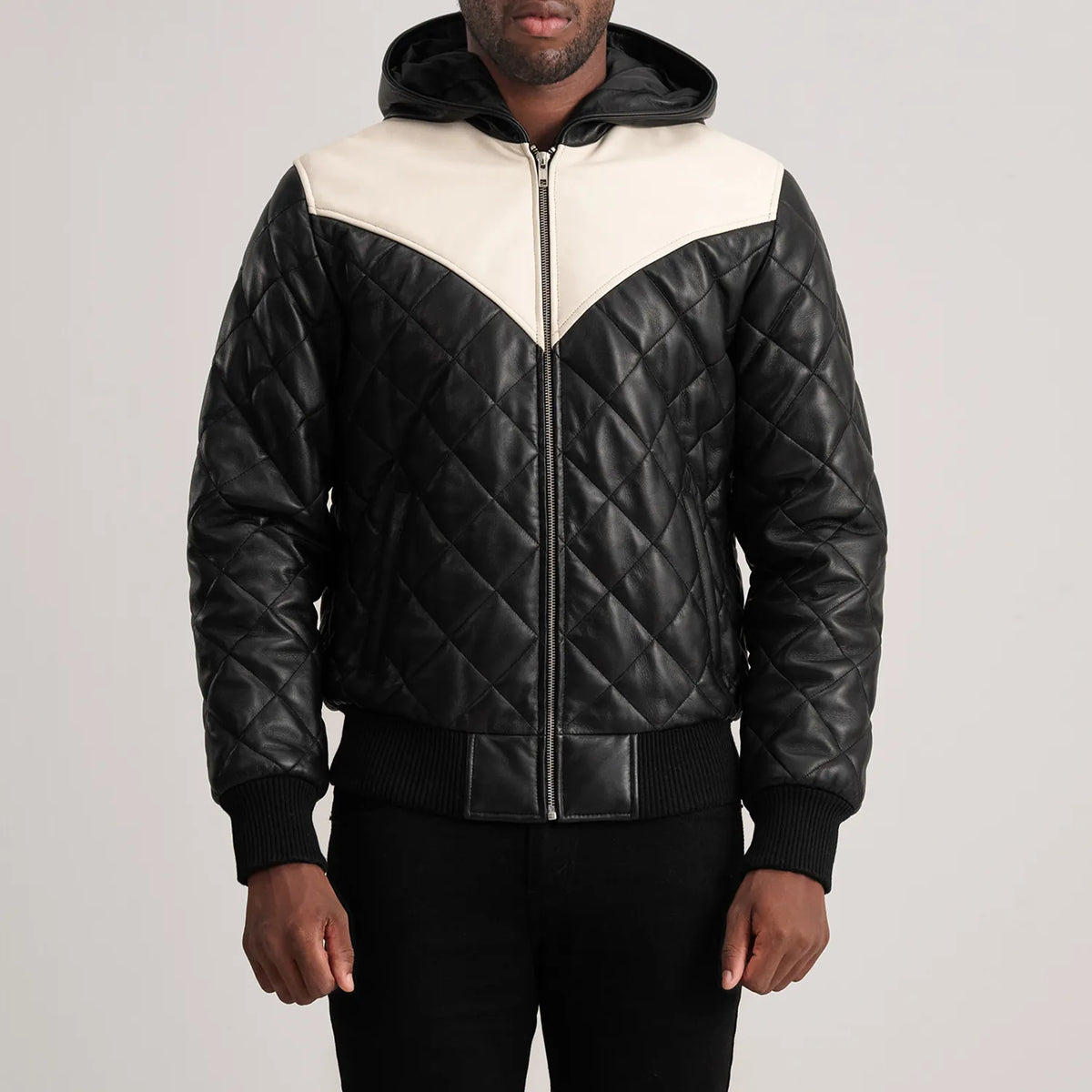 
Detailansicht of Hooded & Zipper Hardware on Norman Tan Hooded Bomber Leather Puffer Jacket