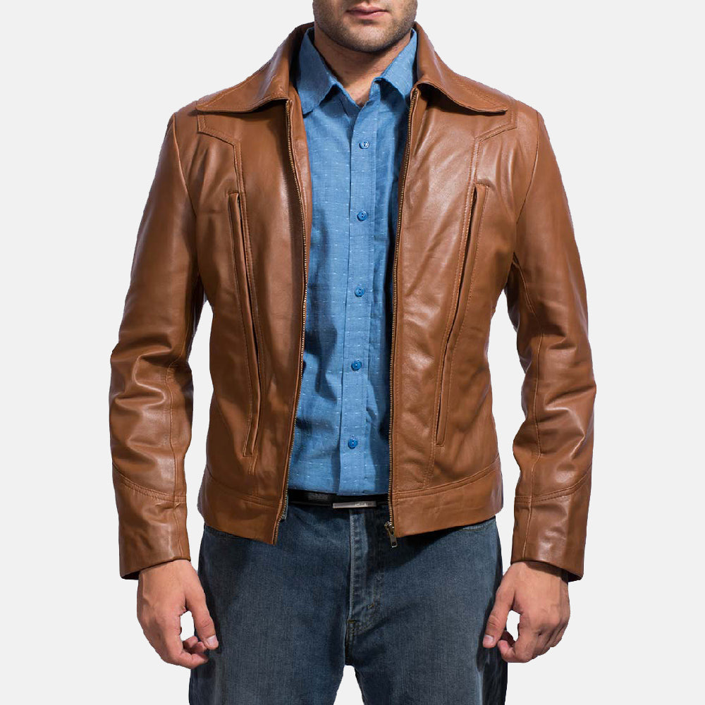 Old School Braun Lederjacke für Herren in Brown Sheepskin Leather - Vorderansicht &amp; maßgeschneiderte Silhouette | Online Kaufen