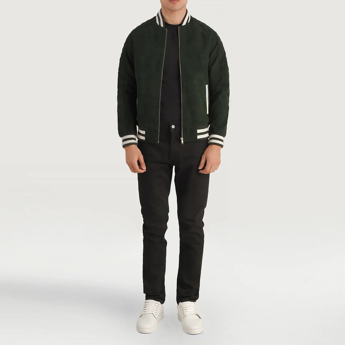 Pascal Grün Suede Varsity Lederjacke für Herren - Seitenansicht mit ergonomischem Ärmelschnitt