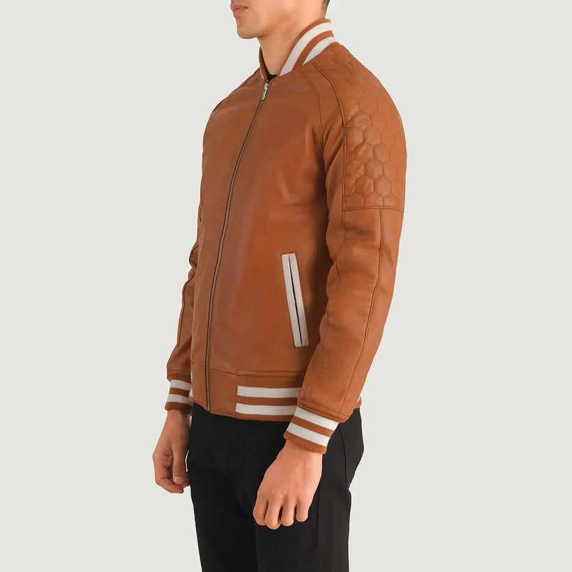 Pascal Hellbraun Braun Leather Varsity Lederjacke für Herren