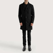 Petrillo Schwarz Wool Single Breasted Ledermantel für Herren - Seitenansicht mit ergonomischem Ärmelschnitt