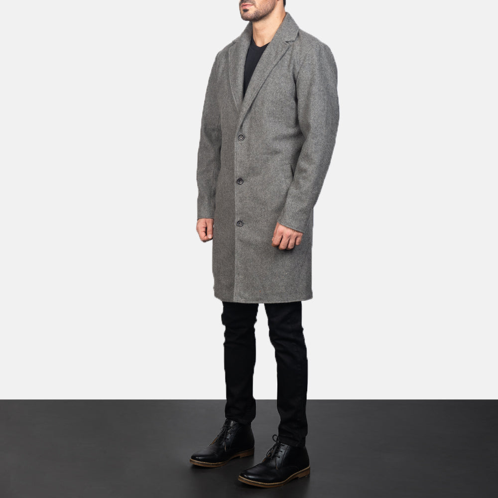 
Grey Synthetic Wool Trench Coat - Rückansicht mit passgenauen Schultern & sauberem Saum
