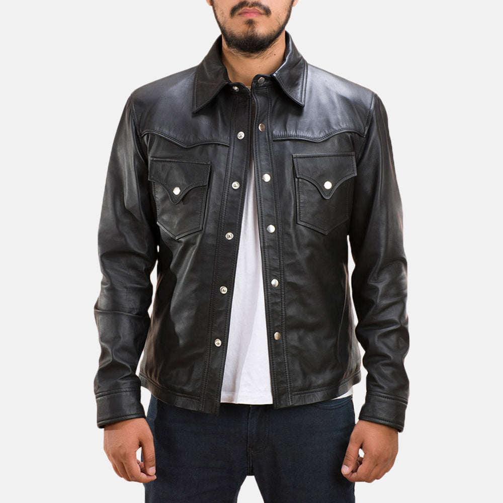 Men's Ranchson Schwarz Leather Shirt für Herren in Black Sheepskin Leather - Vorderansicht &amp; maßgeschneiderte Silhouette | Online Kaufen