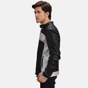 Black &amp; silver Sheepskin Leather Biker Jacket - Rückansicht mit passgenauen Schultern &amp; sauberem Saum