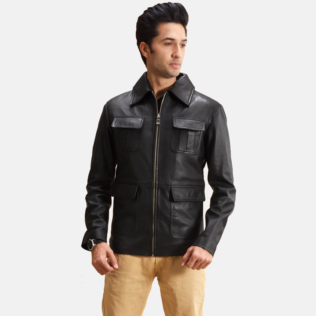 Raven Schwarz Lederjacke für Herren in Black Sheepskin Leather - Vorderansicht &amp; maßgeschneiderte Silhouette | Online Kaufen