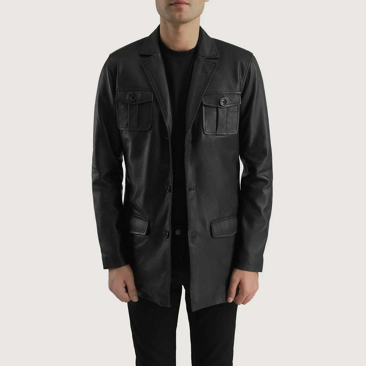 Ray Cutler Black Leather Blazer in Black Sheepskin Leather - Vorderansicht &amp; maßgeschneiderte Silhouette | Online Kaufen