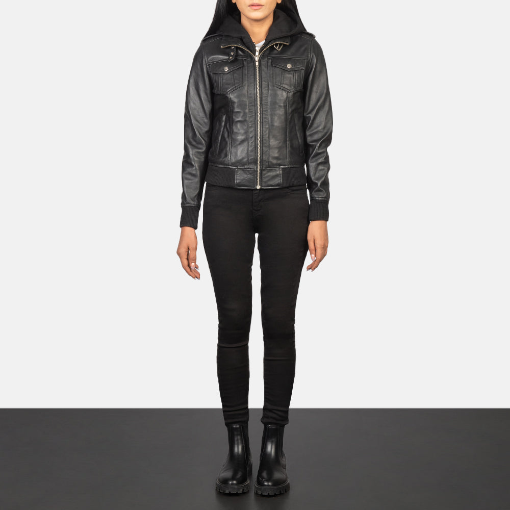 
Roslyn Hooded Leder-Bomberjacke für Damen – alternate product view 3