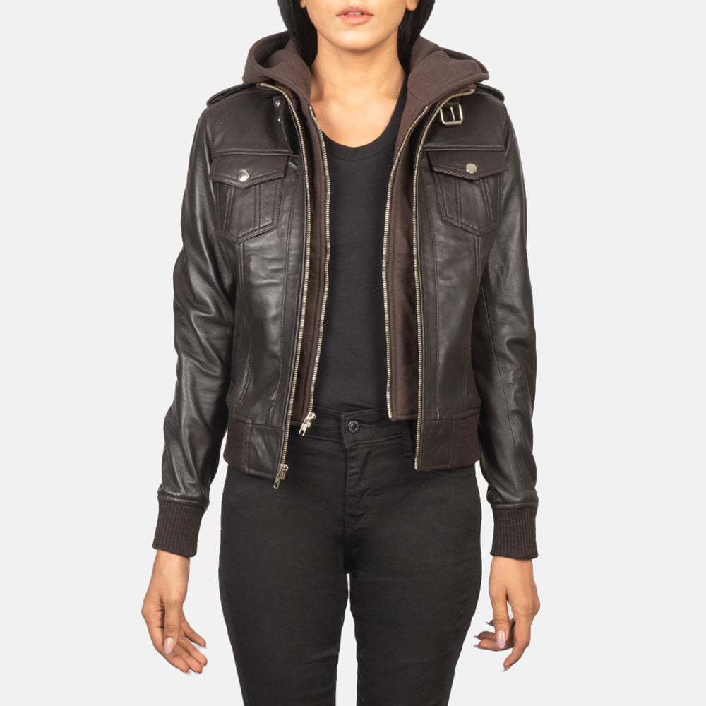
Roslyn Brown Hooded Leather Bomber Jacket in Brown Sheepskin Leather - Vorderansicht & maßgeschneiderte Silhouette | Online Kaufen