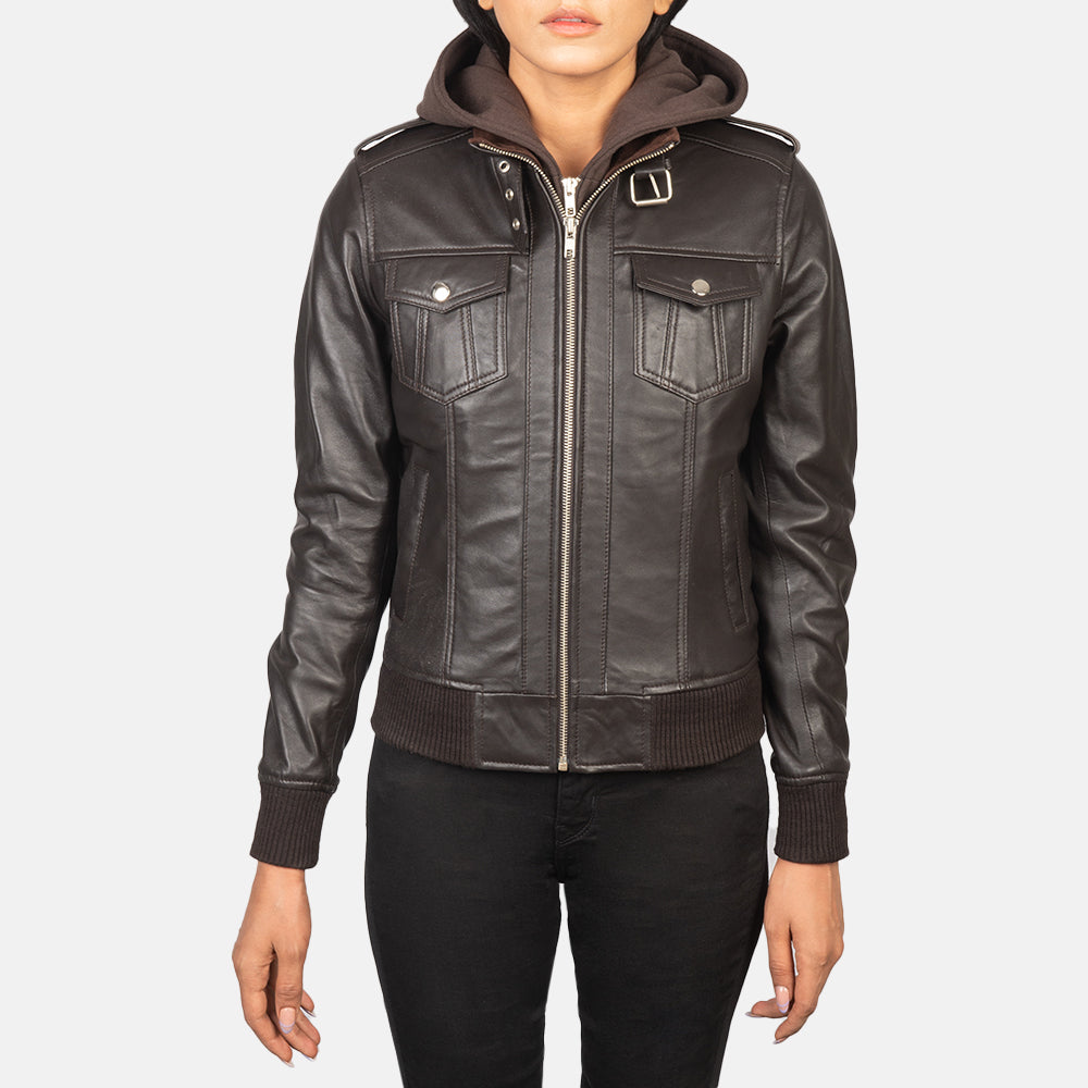 
Detailansicht of High Neck with Belt & Zipper Hardware on Roslyn Brown Hooded Leather Bomber Jacket
