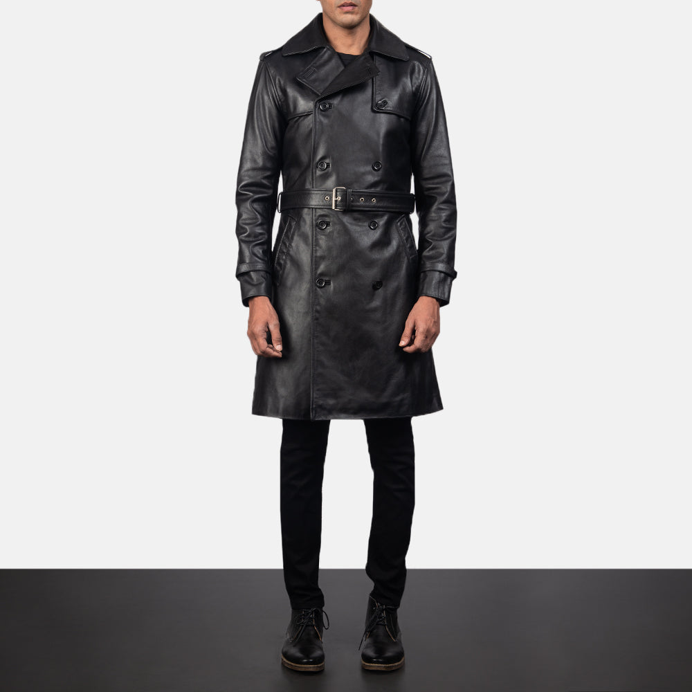 Detailansicht of Shirt &amp; Heavy-Duty Zipper Hardware on Men's Royson Schwarz Leather Duster Ledermantel für Herren