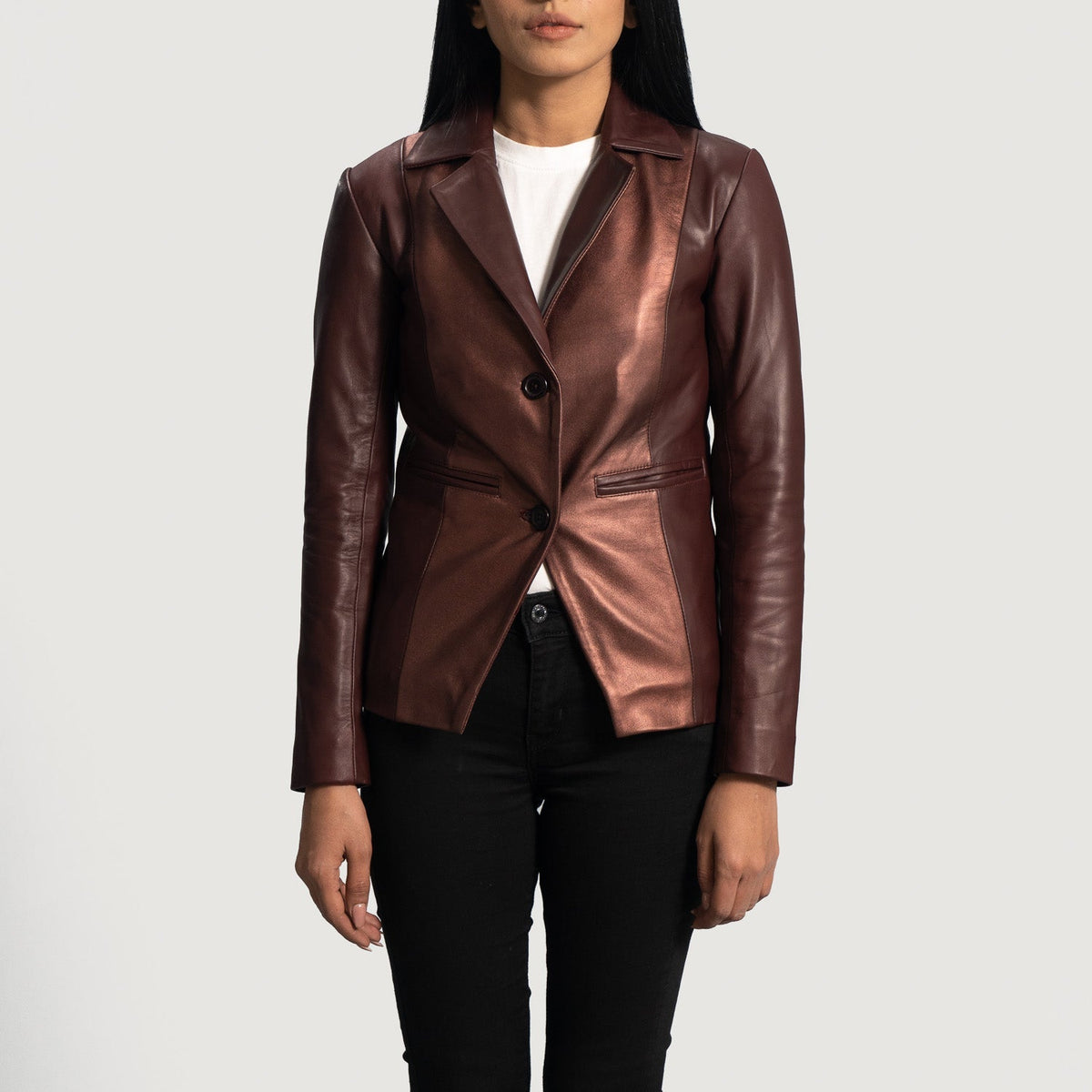 
Ruby Metallic Kastanienbraun Lederblazer für Damen in Maroon Sheepskin Leather - Vorderansicht & maßgeschneiderte Silhouette | Online Kaufen