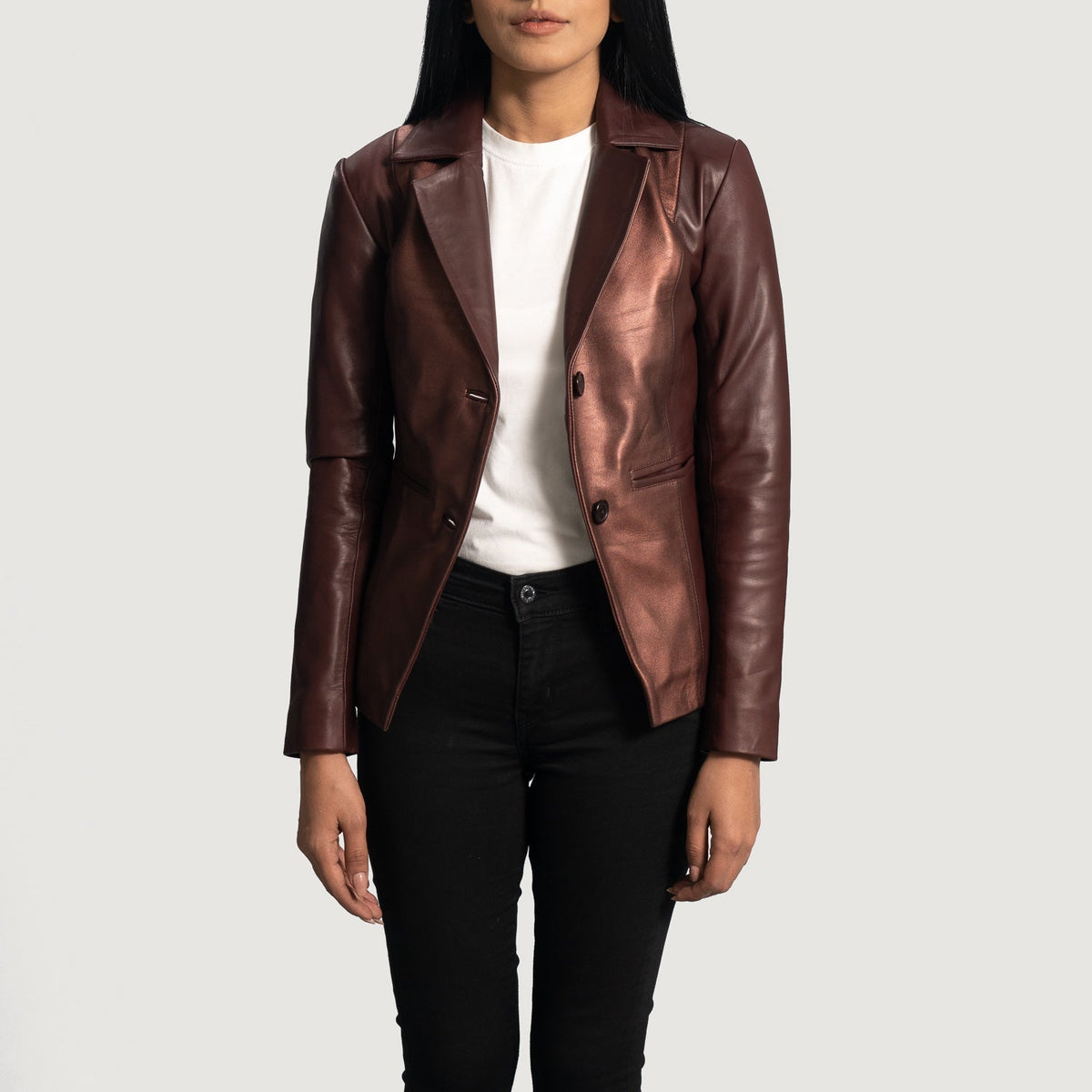 
Ruby Metallic Kastanienbraun Lederblazer für Damen - Seitenansicht mit ergonomischem Ärmelschnitt & sportlicher Passform