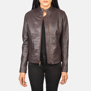 Rumella Maroon Leather Biker Jacket in Maroon Sheepskin Leather - Vorderansicht &amp; maßgeschneiderte Silhouette | Online Kaufen